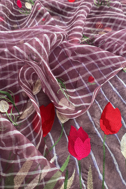 Muted Purple Pure Lehariya Silk Suit With Organza Dupatta