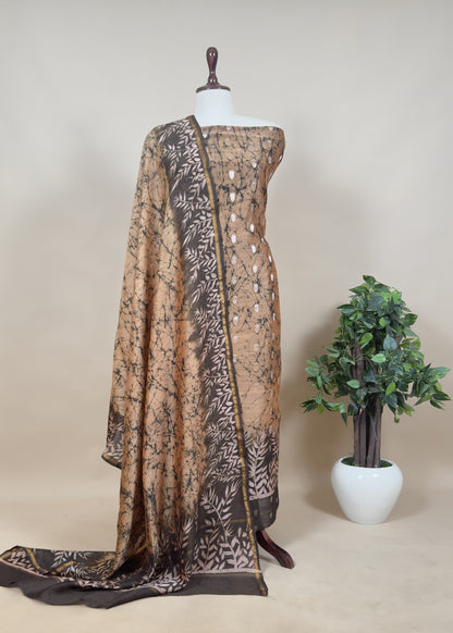 Beige And Blue Abstact Print Maheshwari Silk Suit With Gold  Zari weaving