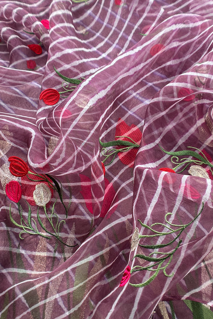 Muted Purple Pure Lehariya Silk Suit With Organza Dupatta