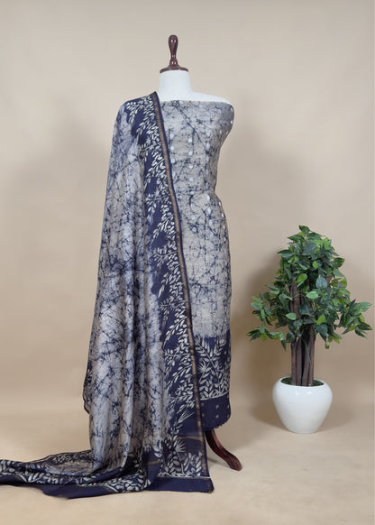 Beige And Blue Abstact Print Maheshwari Silk Suit With Gold  Zari weaving