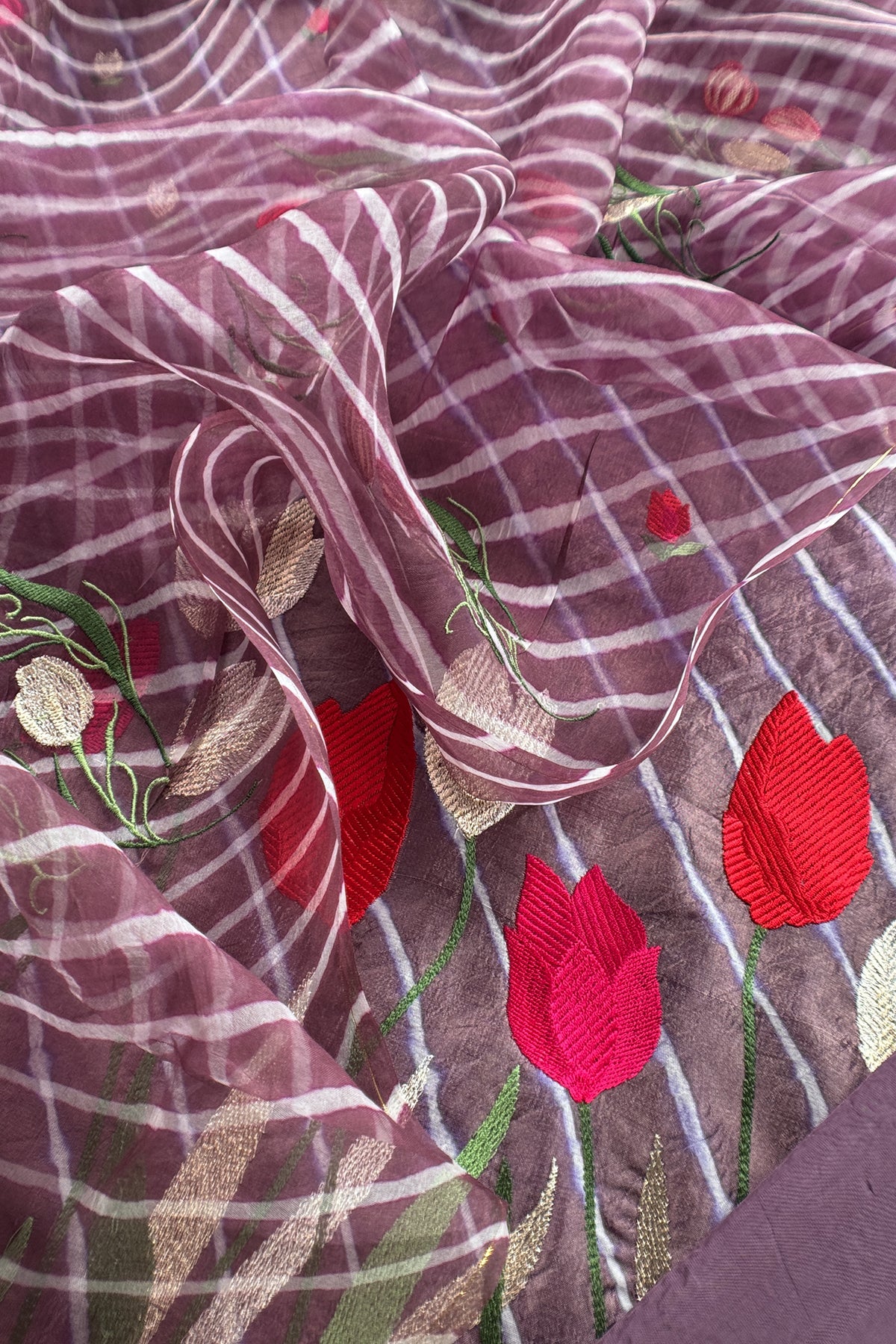 Muted Purple Pure Lehariya Silk Suit With Organza Dupatta