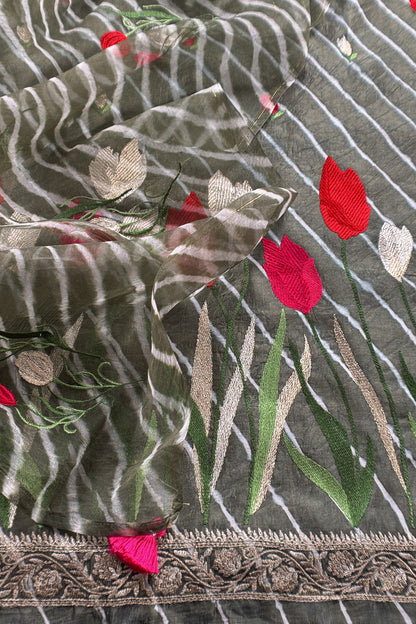 Grey Pure Lehariya Silk Suit With Organza Dupatta
