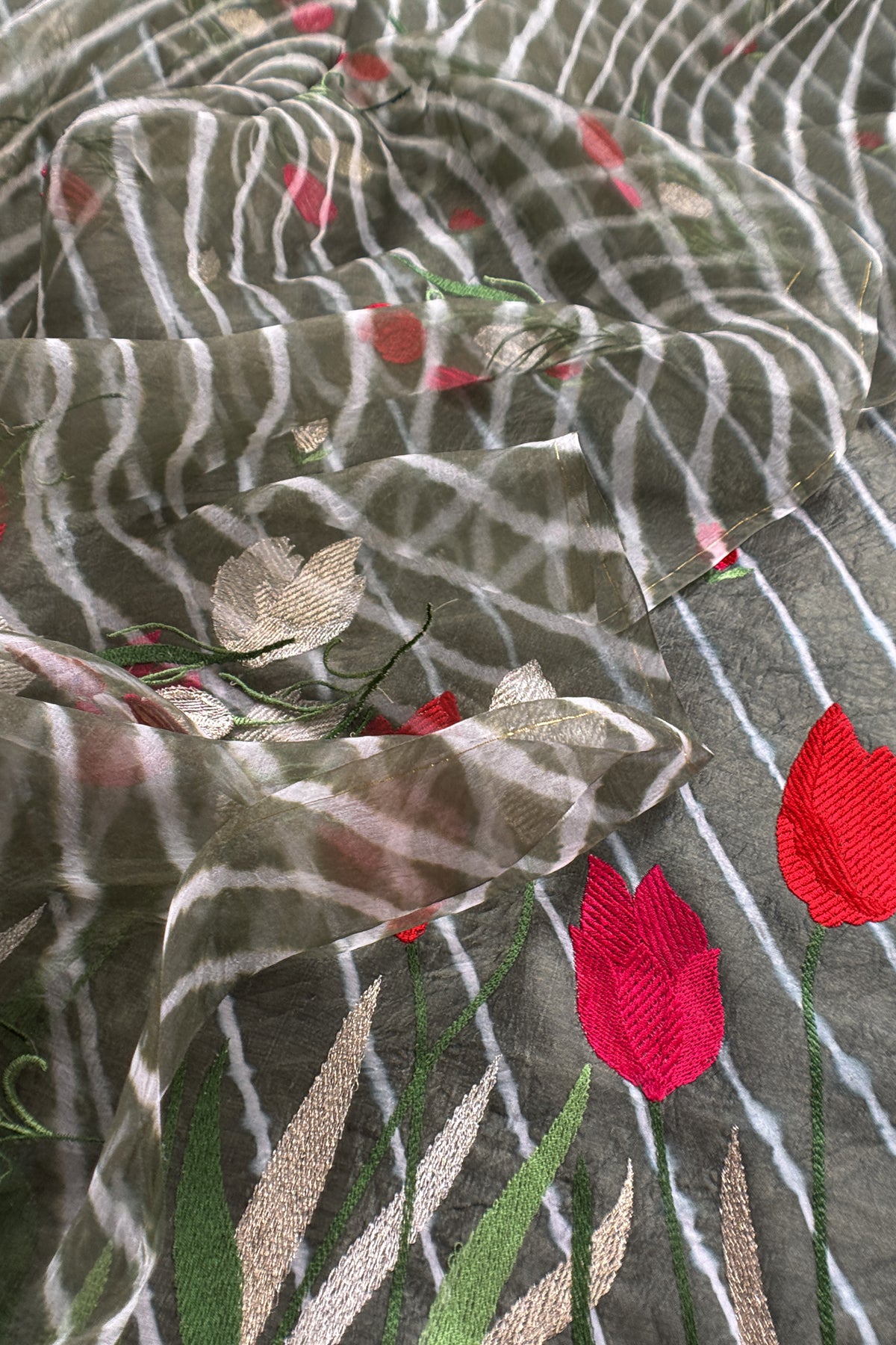Grey Pure Lehariya Silk Suit With Organza Dupatta