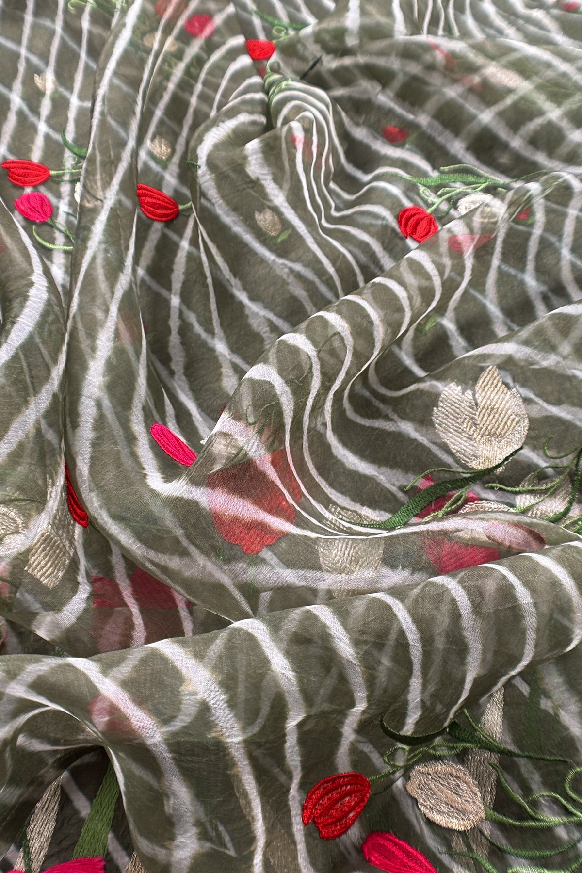 Grey Pure Lehariya Silk Suit With Organza Dupatta