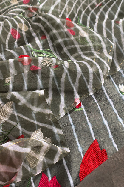 Grey Pure Lehariya Silk Suit With Organza Dupatta