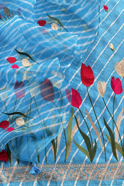 Blue Pure Lehariya Silk Suit With Organza Dupatta