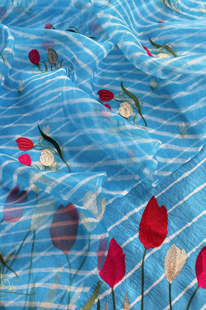 Blue Pure Lehariya Silk Suit With Organza Dupatta