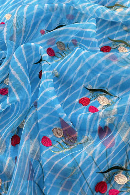 Blue Pure Lehariya Silk Suit With Organza Dupatta