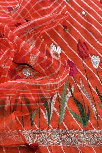 Orange Pure Lehariya Silk Suit With Organza Dupatta