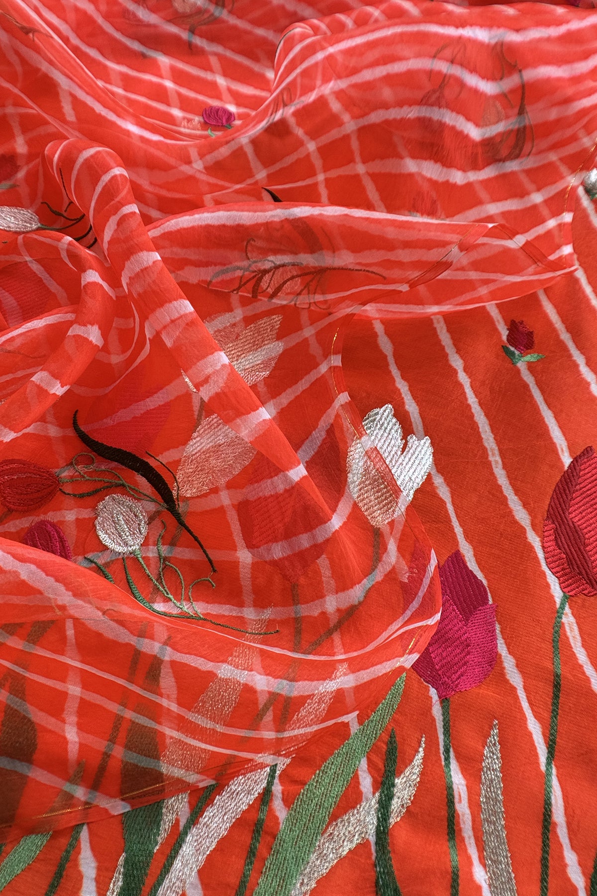 Orange Pure Lehariya Silk Suit With Organza Dupatta