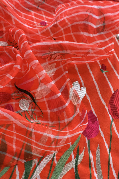 Orange Pure Lehariya Silk Suit With Organza Dupatta