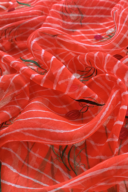 Orange Pure Lehariya Silk Suit With Organza Dupatta