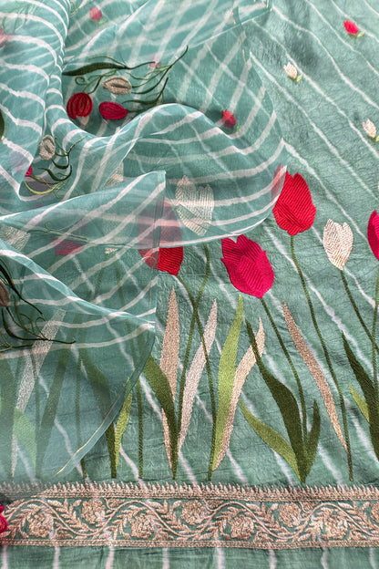 Mint Green Pure Lehariya Silk Suit With Organza Dupatta