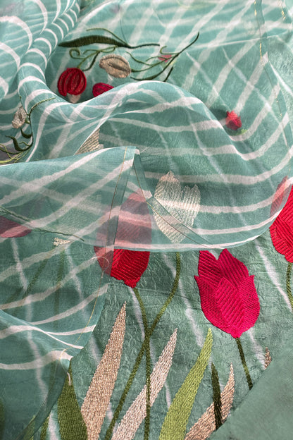 Mint Green Pure Lehariya Silk Suit With Organza Dupatta