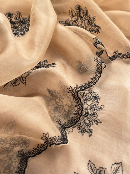 Kalasheel Luxe Designer Coffee Brown Handloom Organza Suit With Black Roses Embroidery