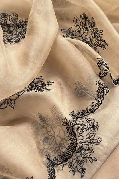 Kalasheel Luxe Designer Coffee Brown Handloom Organza Suit With Black Roses Embroidery