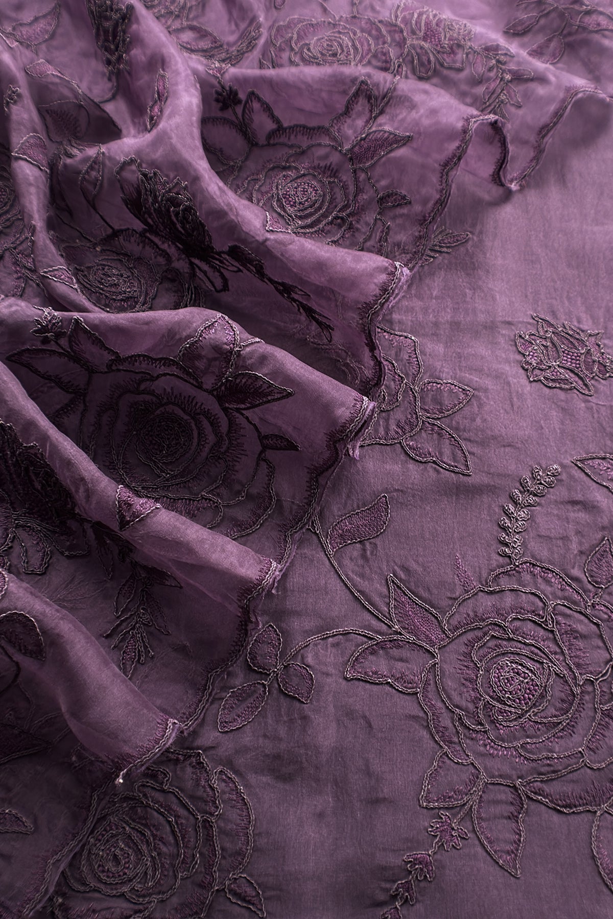 Violet Pure Kora Silk Suit With French Thread Embroidery