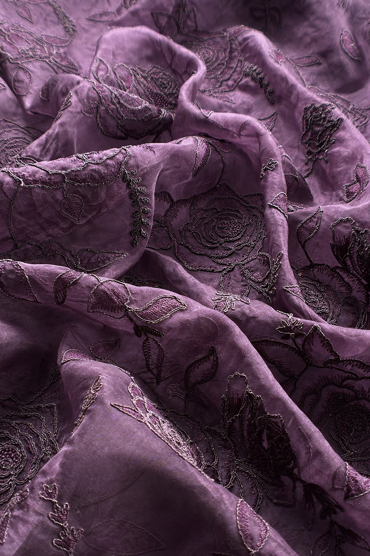 Violet Pure Kora Silk Suit With French Thread Embroidery