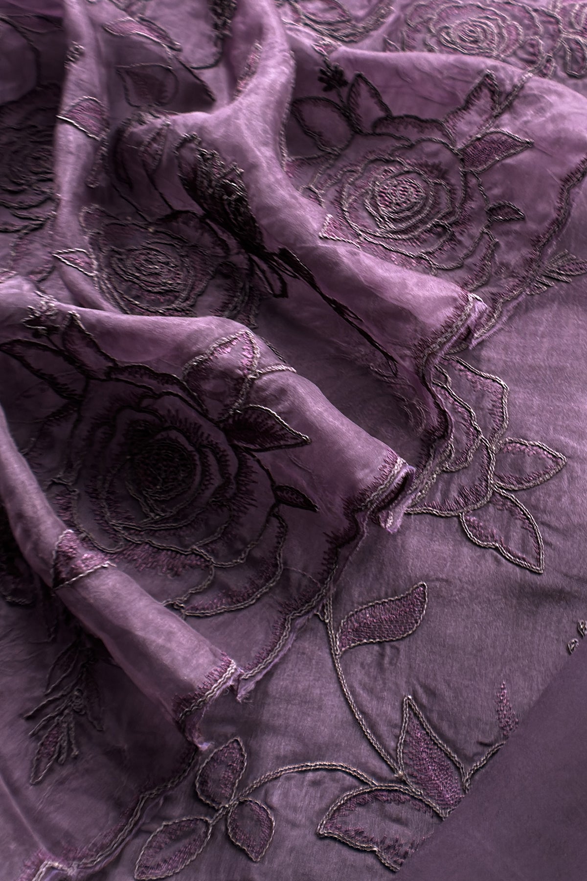 Violet Pure Kora Silk Suit With French Thread Embroidery