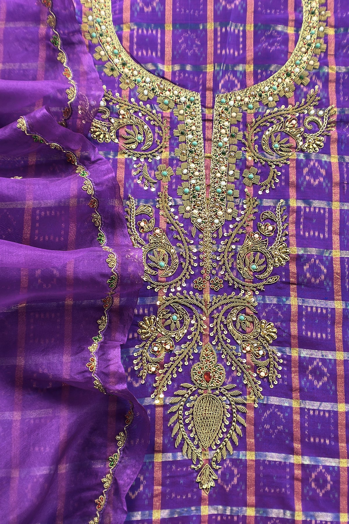 Mahalakshmi Violet Handloom Ikkat gold checks kurta and Organza dupatta with Jadau zardosi zari Handwork