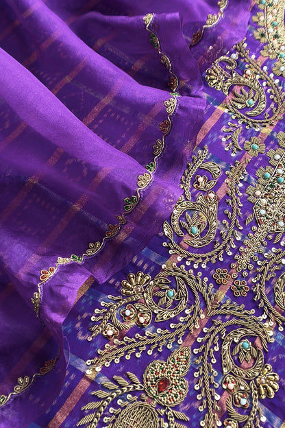 Mahalakshmi Violet Handloom Ikkat gold checks kurta and Organza dupatta with Jadau zardosi zari Handwork