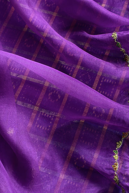 Mahalakshmi Violet Handloom Ikkat gold checks kurta and Organza dupatta with Jadau zardosi zari Handwork