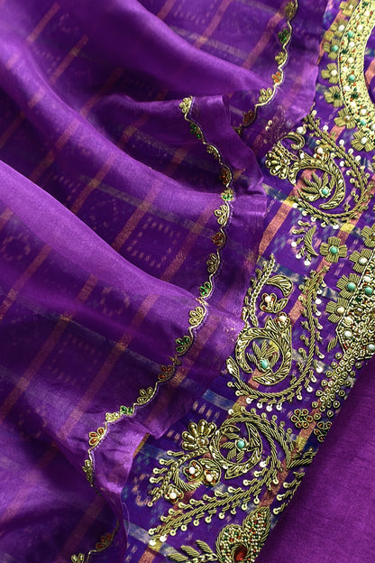 Mahalakshmi Violet Handloom Ikkat gold checks kurta and Organza dupatta with Jadau zardosi zari Handwork
