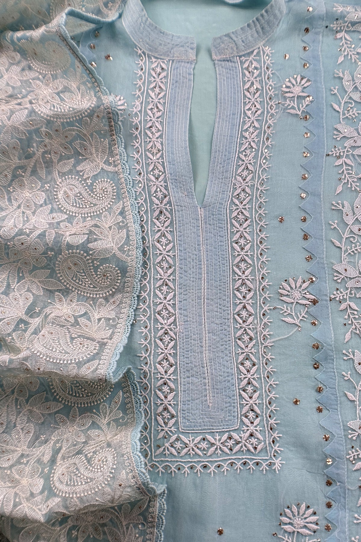 Sky Blue Pure Organza Hand Embroidered Lakhnavi Kurta And Kora Silk Dupatta With Resham Embroidery