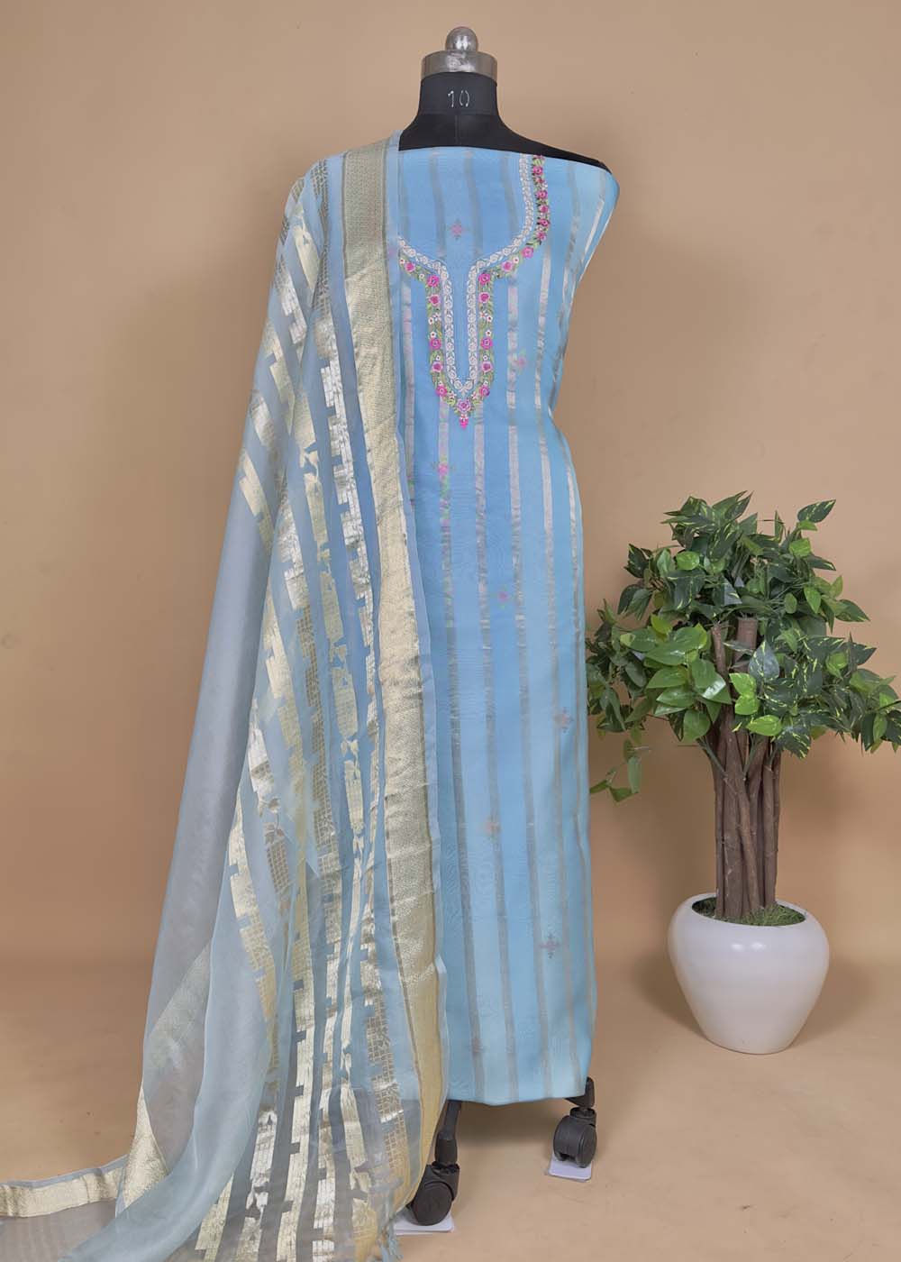 Blue Pink Kora Silk Suit Set