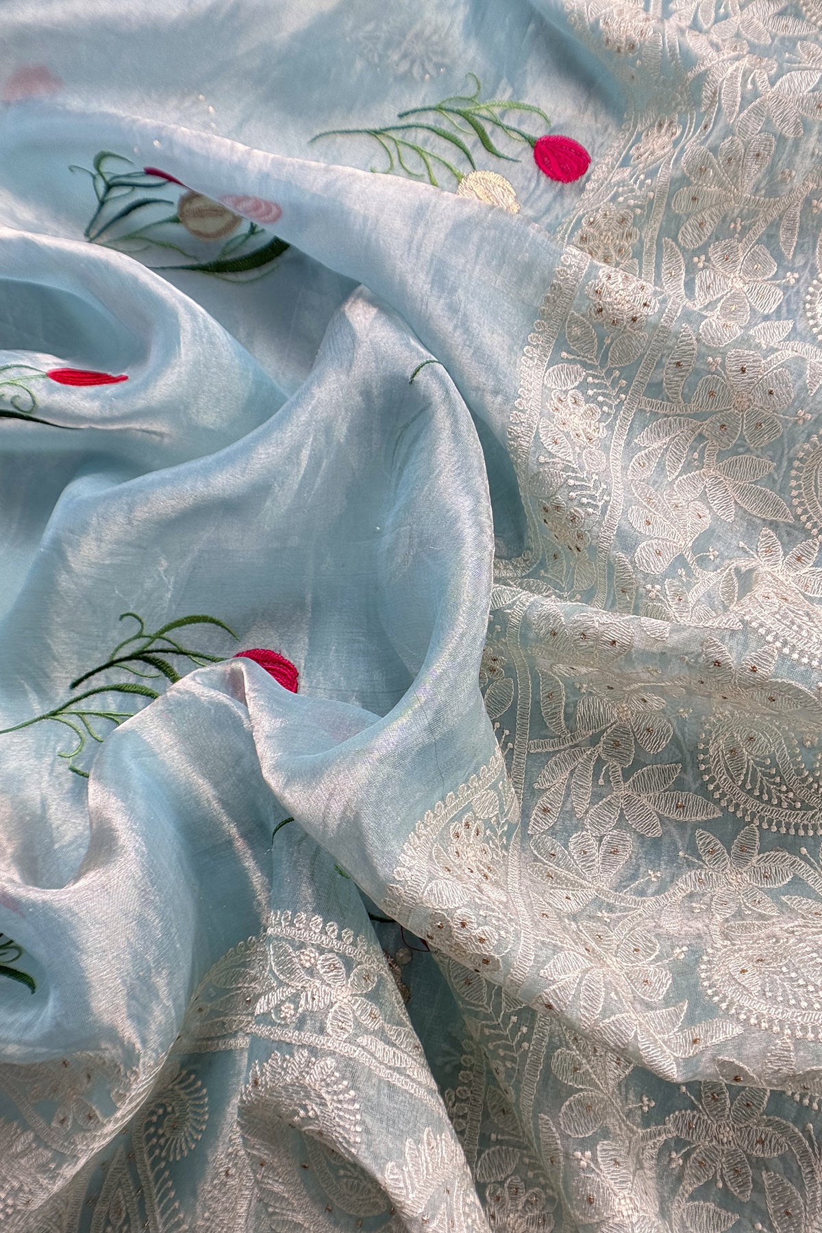 Sky Blue Pure Organza Hand Embroidered Lakhnavi Kurta And Kora Silk Dupatta With Resham Embroidery