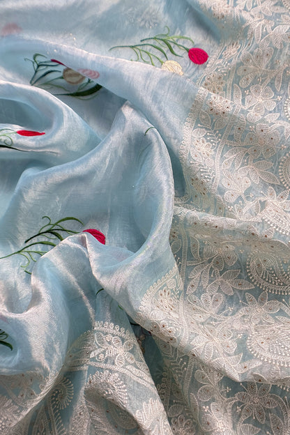 Sky Blue Pure Organza Hand Embroidered Lakhnavi Kurta And Kora Silk Dupatta With Resham Embroidery