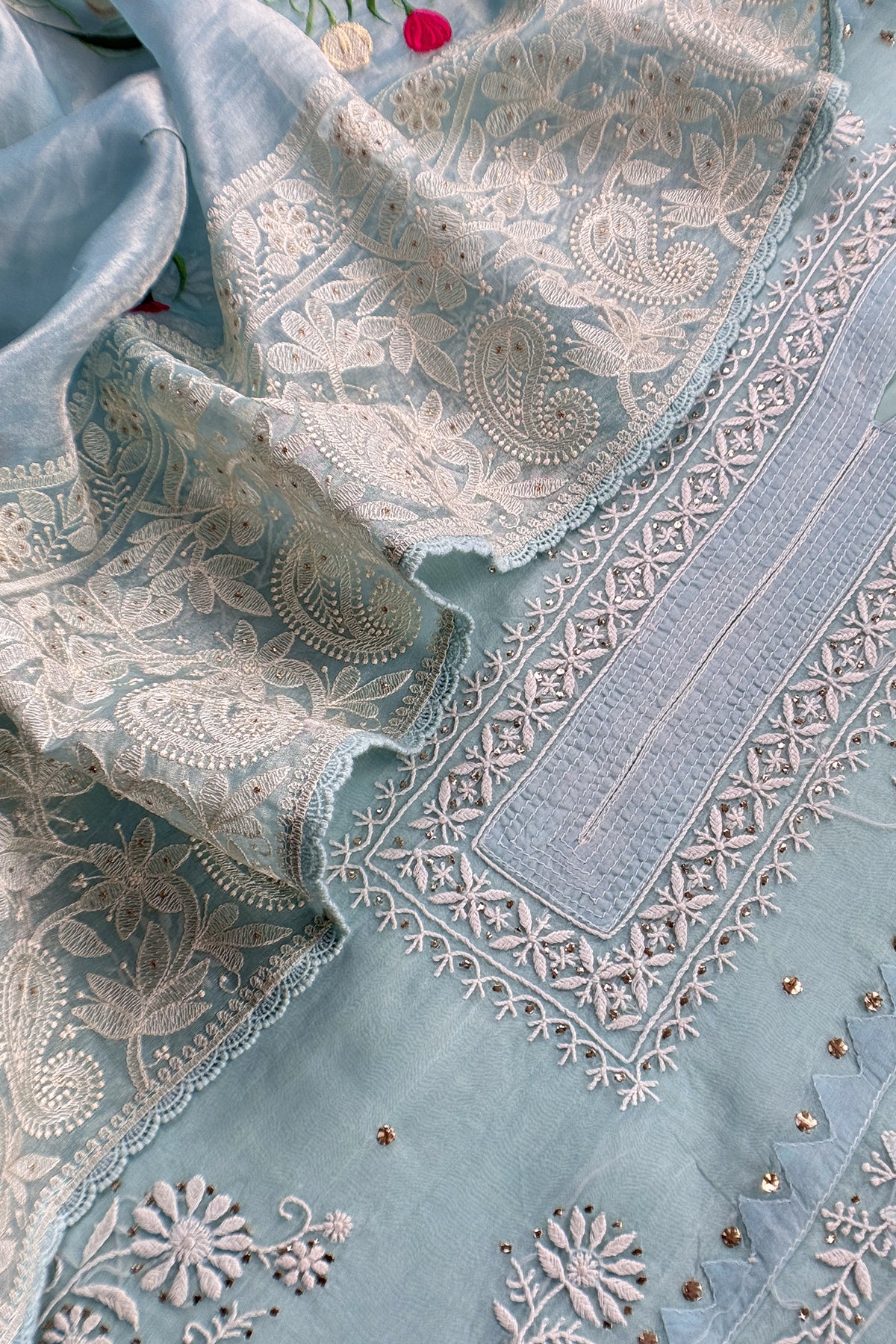 Sky Blue Pure Organza Hand Embroidered Lakhnavi Kurta And Kora Silk Dupatta With Resham Embroidery