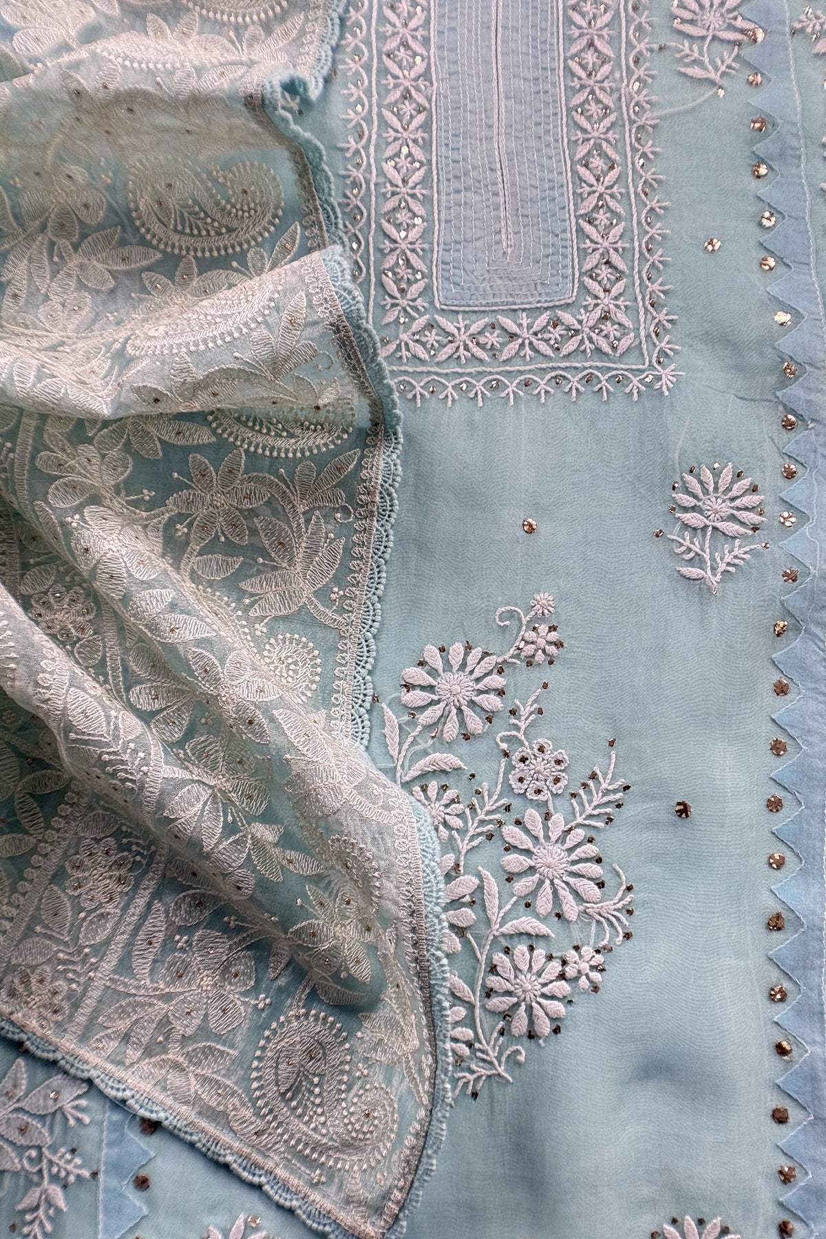 Sky Blue Pure Organza Hand Embroidered Lakhnavi Kurta And Kora Silk Dupatta With Resham Embroidery