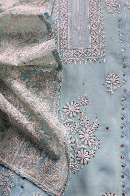 Sky Blue Pure Organza Hand Embroidered Lakhnavi Kurta And Kora Silk Dupatta With Resham Embroidery