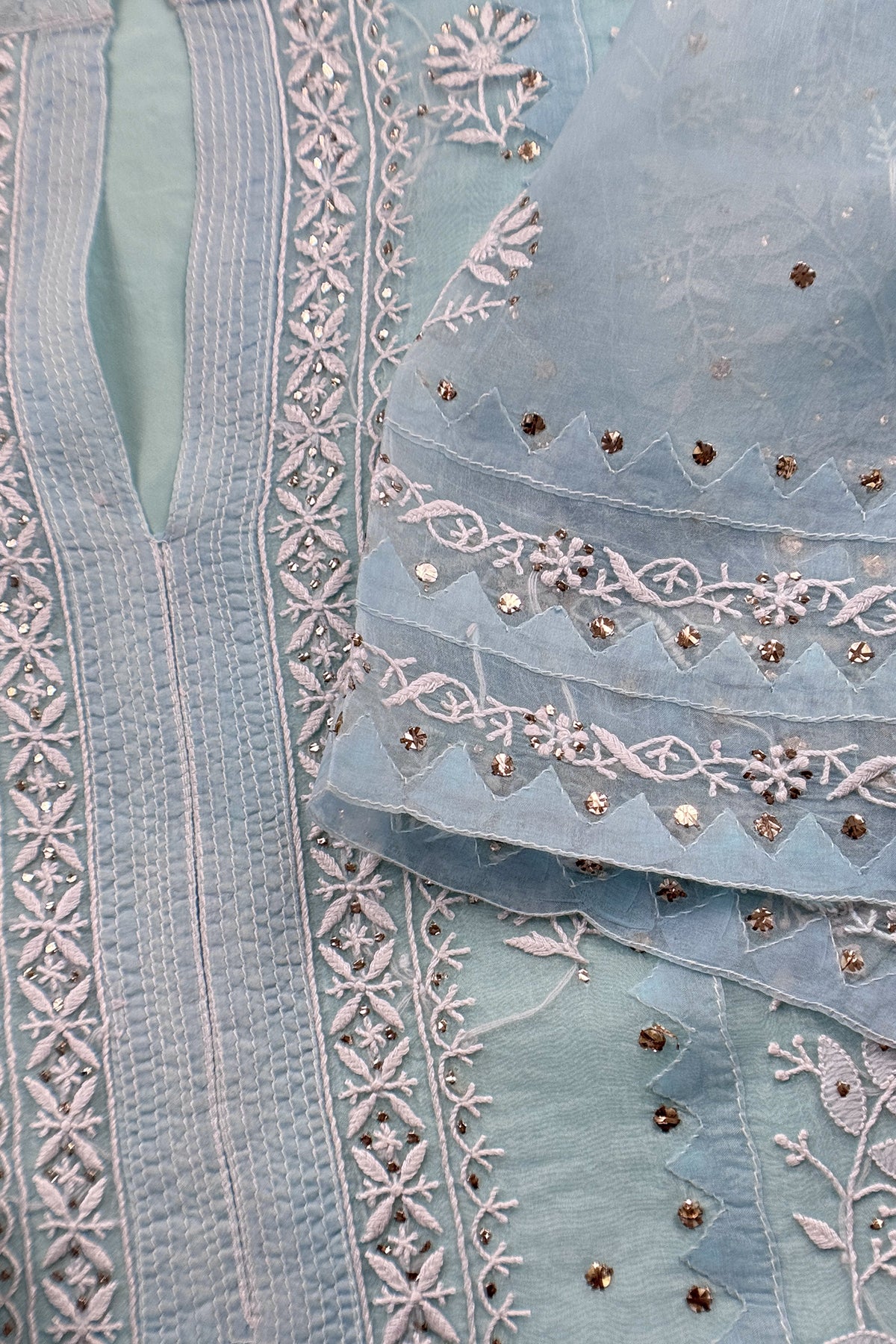 Sky Blue Pure Organza Hand Embroidered Lakhnavi Kurta And Kora Silk Dupatta With Resham Embroidery