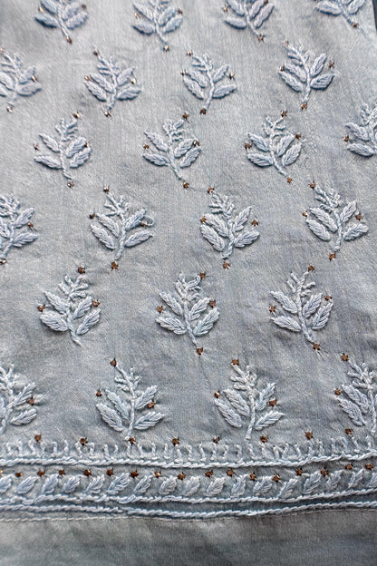 Sky Blue Pure Organza Hand Embroidered Lakhnavi Kurta And Kora Silk Dupatta With Resham Embroidery