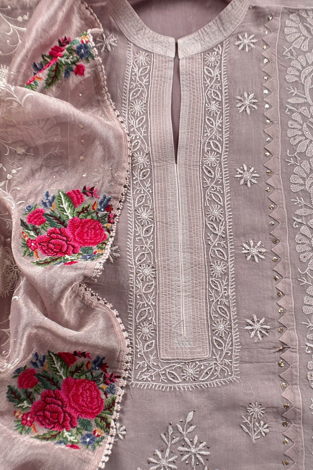 Mauve Pink Pure Organza Hand Embroidered Lakhnavi Kurta And Kora Silk Dupatta With Resham Embroidery