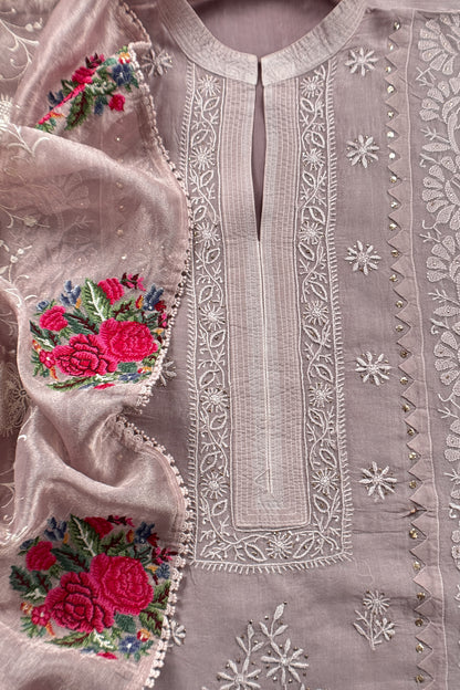 Mauve Pink Pure Organza Hand Embroidered Lakhnavi Kurta And Kora Silk Dupatta With Resham Embroidery