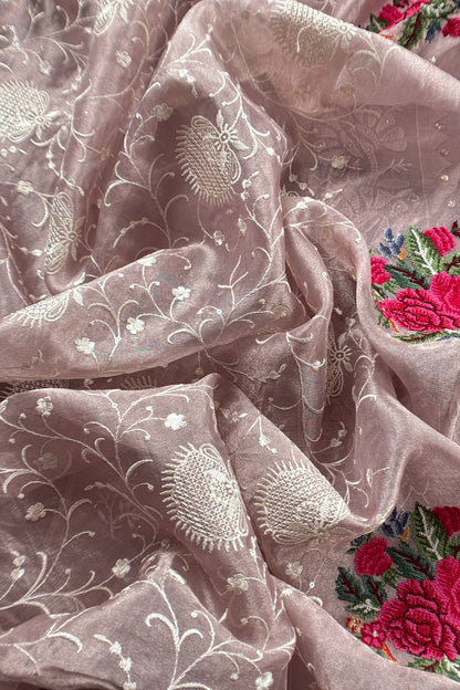 Mauve Pink Pure Organza Hand Embroidered Lakhnavi Kurta And Kora Silk Dupatta With Resham Embroidery