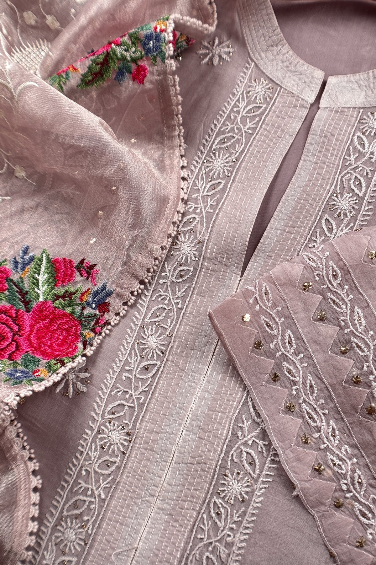 Mauve Pink Pure Organza Hand Embroidered Lakhnavi Kurta And Kora Silk Dupatta With Resham Embroidery