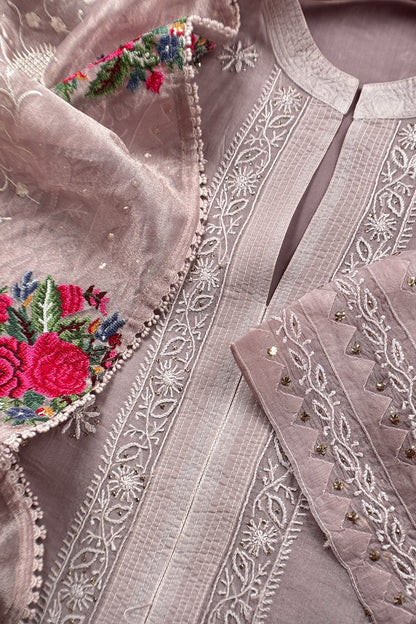 Mauve Pink Pure Organza Hand Embroidered Lakhnavi Kurta And Kora Silk Dupatta With Resham Embroidery