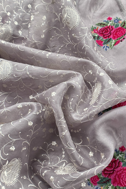 Light Grey Pure Organza Hand Embroidered Lakhnavi Kurta And Kora Silk Dupatta With Resham Embroidery