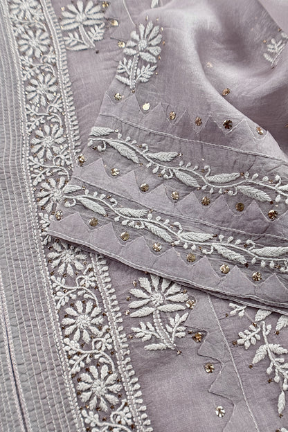 Light Grey Pure Organza Hand Embroidered Lakhnavi Kurta And Kora Silk Dupatta With Resham Embroidery
