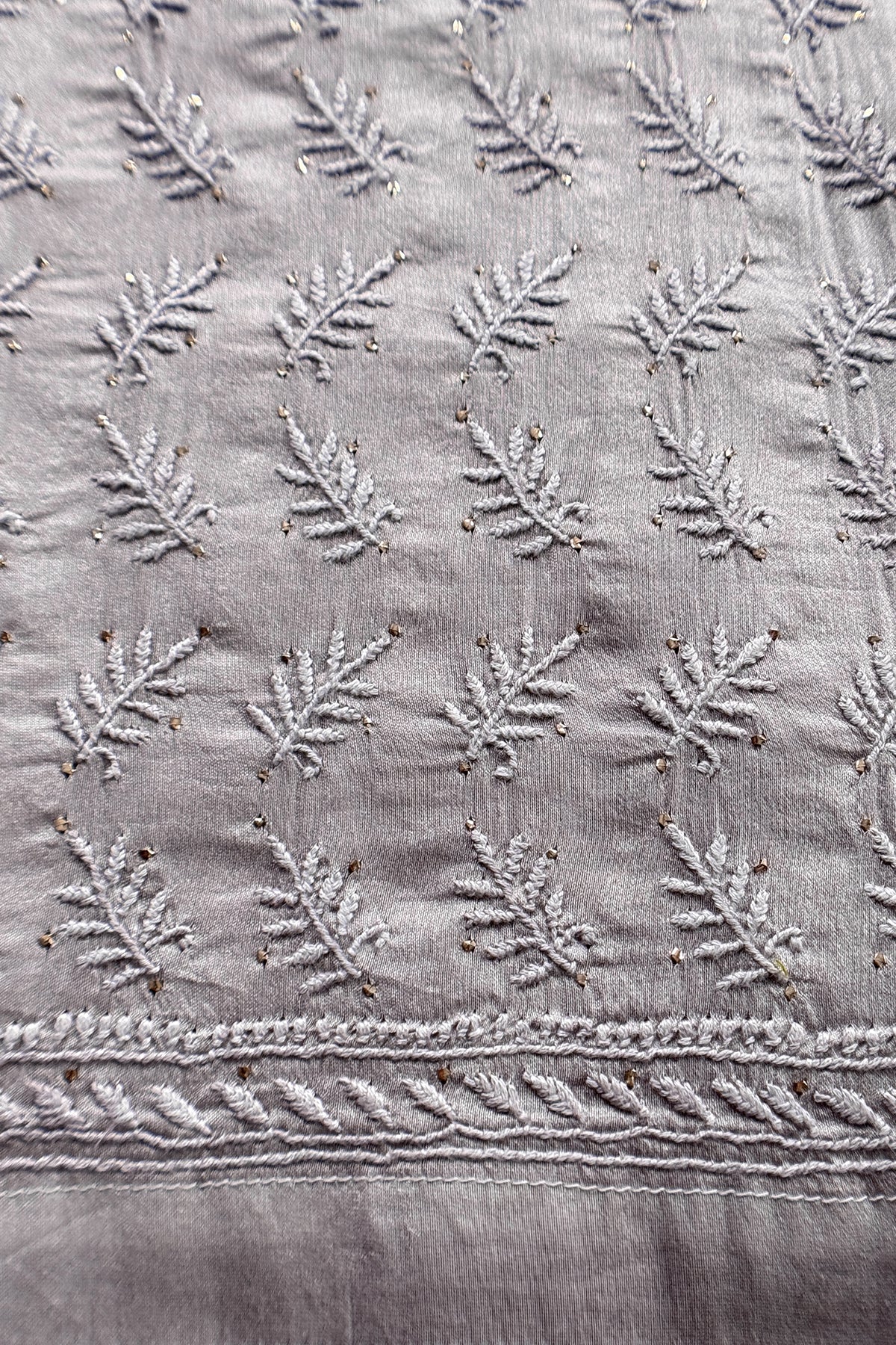 Light Grey Pure Organza Hand Embroidered Lakhnavi Kurta And Kora Silk Dupatta With Resham Embroidery