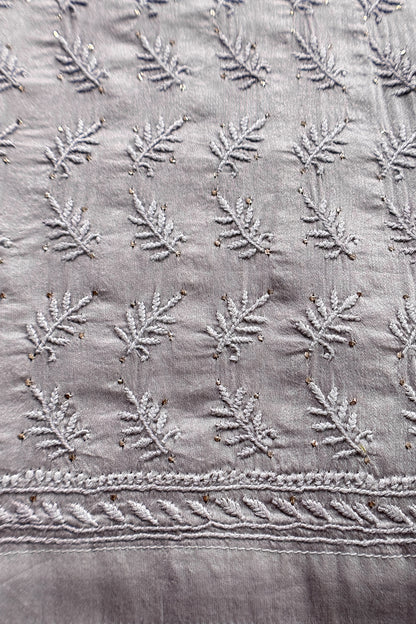 Light Grey Pure Organza Hand Embroidered Lakhnavi Kurta And Kora Silk Dupatta With Resham Embroidery