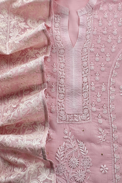Baby Pink Pure Organza Hand Embroidered Lakhnavi Kurta And Kora Silk Dupatta With Resham Embroidery
