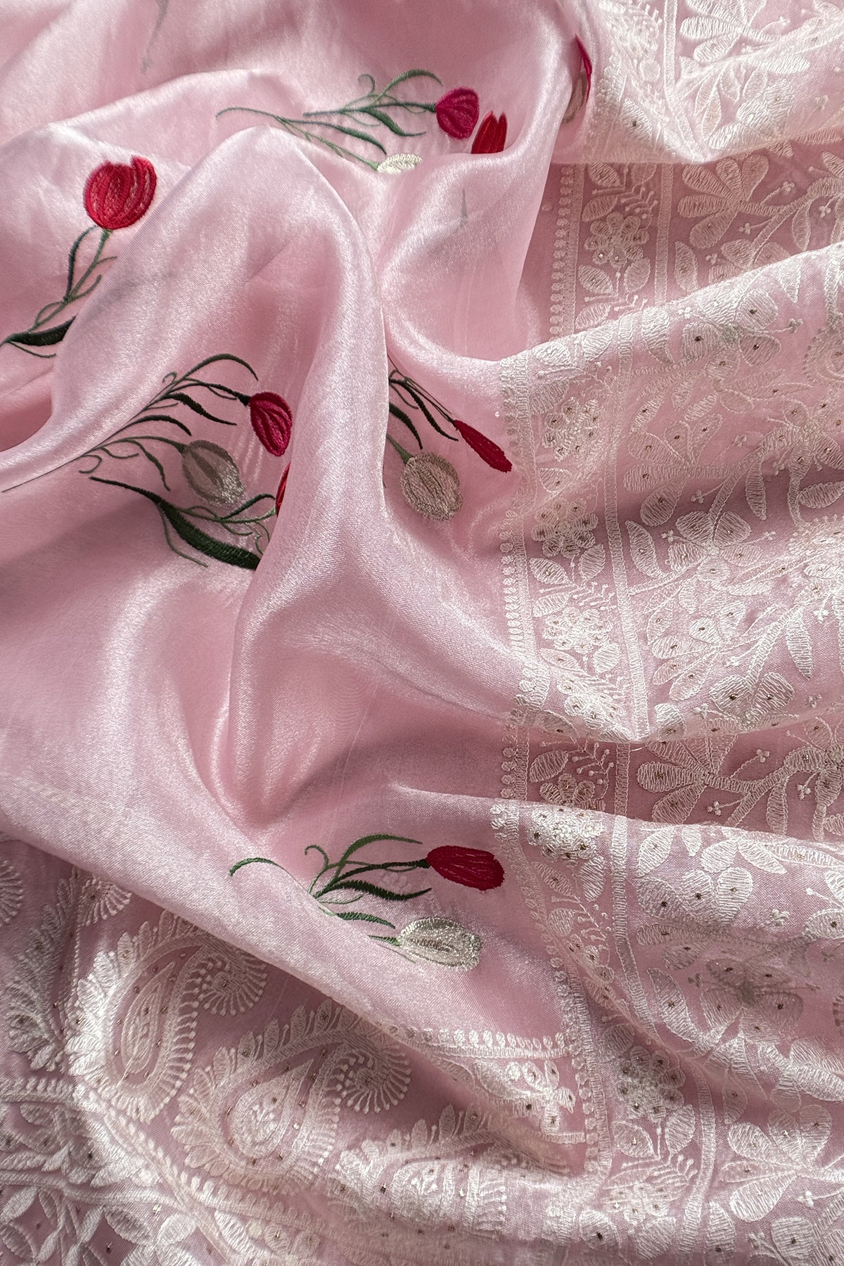 Baby Pink Pure Organza Hand Embroidered Lakhnavi Kurta And Kora Silk Dupatta With Resham Embroidery