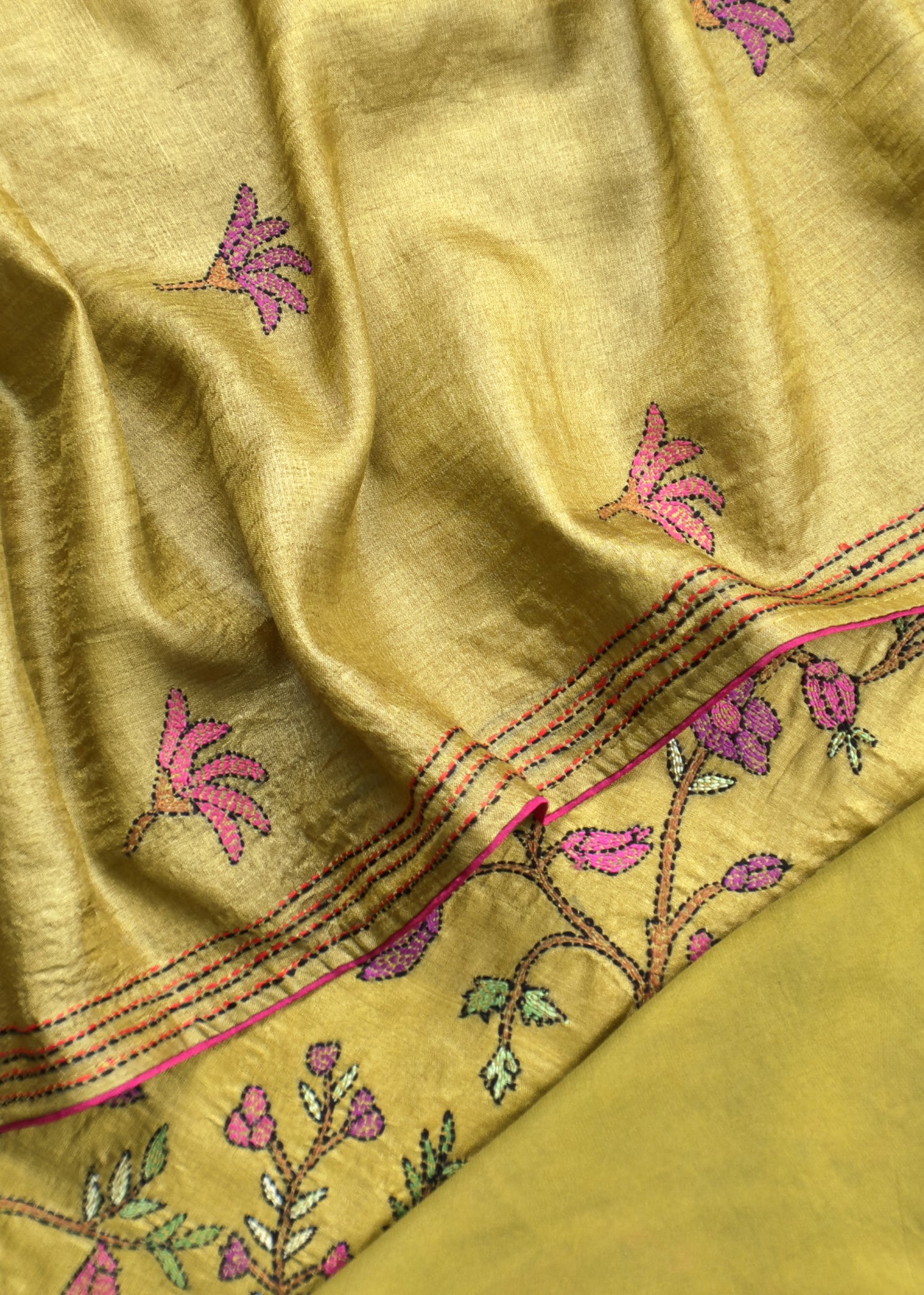 Yellow Kantha Embroidered Unstitched Suit In Handloom Tussar Silk