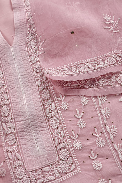 Baby Pink Pure Organza Hand Embroidered Lakhnavi Kurta And Kora Silk Dupatta With Resham Embroidery