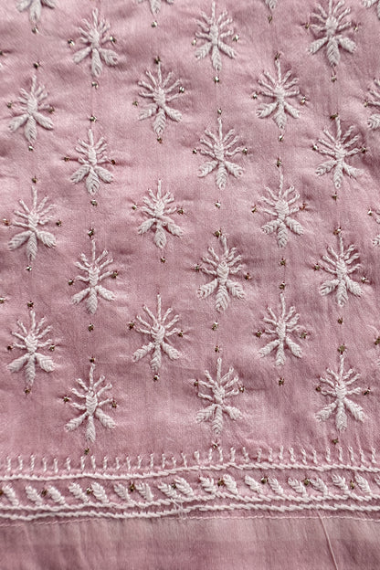 Baby Pink Pure Organza Hand Embroidered Lakhnavi Kurta And Kora Silk Dupatta With Resham Embroidery